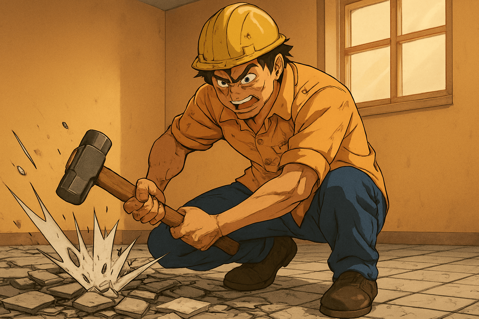 worker breaking tiles